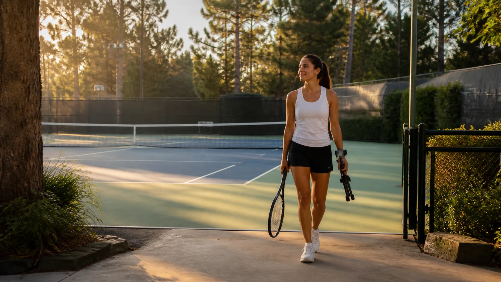 Athlete arriving at a tennis court with a racket and phone tripod